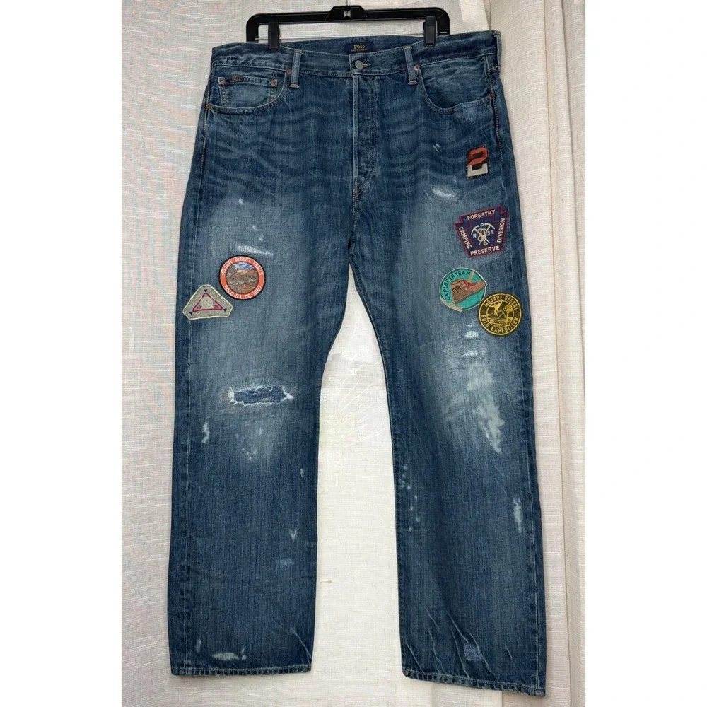 Polo Ralph Lauren Expedition Vintage Classic Fit Patchwork Jeans Blue Mens 38/32